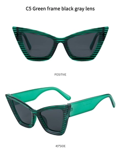 Dual view of green striped cat-eye sunglasses with dark grey lenses and chunky frames