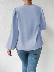 Back view of a loose light blue chiffon long-sleeve blouse for women showing drape and fit