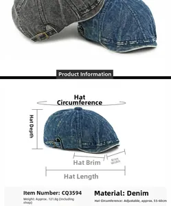 Gedetailleerde maattabel voor verstelbare gewassen denim petten in de kleuren blauw en grijs