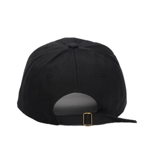 Classic black six-panel cotton baseball cap featuring adjustable bronze metal buckle back