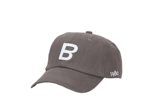 Detailed view of white 3D letter B and 1980 embroidery on a dark grey cotton baseball cap