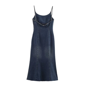Washed Denim Dress Spaghetti Strap Bodycon Midi Length Slim Fit Retro Blue Sleeveless Elegant Style For Women