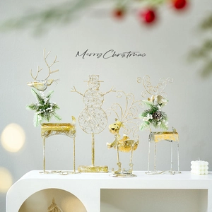 Christmas Reindeer Snowman Tabletop Ornaments Distressed Gold Iron Art With Pine Needles Berries Holiday Home Decoration