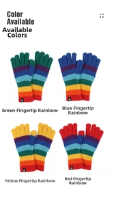 Close-up showing four color variants of rainbow knitted gloves with touchscreen design