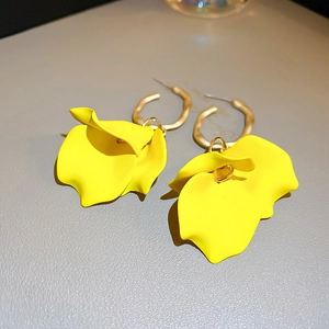 Fashionable oversized yellow acrylic petal earrings with golden metal loops for women