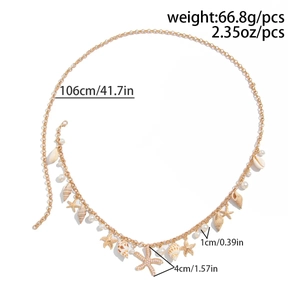 Detail shot of starfish and pearl waist chain with measurement labels for size and weight