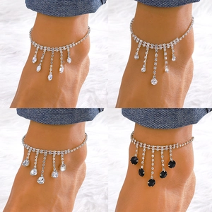 Bohemian Copper Rhinestone Tassel Anklet For Women Multilayer Water Drop Heart Pendant Beach Foot Jewelry Accessory