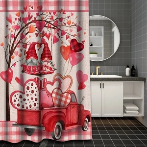 Modern bathroom setting with Valentine's Day polyester shower curtain featuring love gnomes