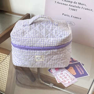 Korean Ins Style Quilted Gingham Cotton Makeup Bag Portable Travel Toiletry Organizer Handbag Large Capacity Cosmetic Storage Bag