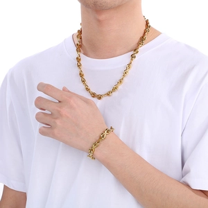 Men's gold infinity symbol necklace and bracelet set in polished stainless steel