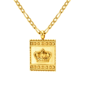 Golden crown relief rectangle pendant on a Figaro chain necklace with star symbols