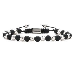 Adjustable black matte beads and silver faceted beads woven bracelet for men