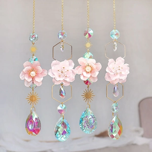 Crystal Suncatcher Wind Chime Hanging Ornament With Pink Flower Iridescent Prism Pendant For Garden Window Decor Gold Tone