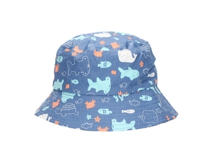 Detailed view of kids sun hat featuring navy blue fabric with colorful ocean animal prints