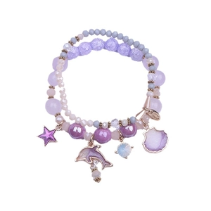 Bohemian double-layer purple beaded bracelet with dolphin, shell, and star charms