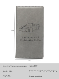 Gray PU leather car insurance and registration holder with 24x13cm dimensions and car imprinting