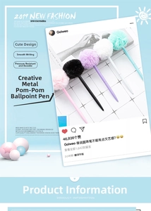 Detailed view of creative macaron metal ballpoint pens with large plush pom-pom toppers