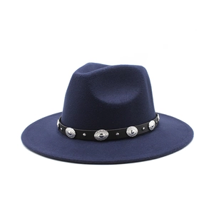 Classic dark blue wool fedora hat with vintage bohemian leather band and silver studs