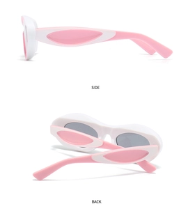 Side and back view of white cat-eye sunglasses with pink decorative side stripes