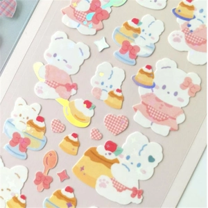 Cute Korean style stickers with holographic silver foil rabbits and puddings for DIY decor