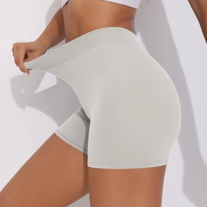 Close-up of high-elasticity grey sports shorts showing the stretchable waist fabric