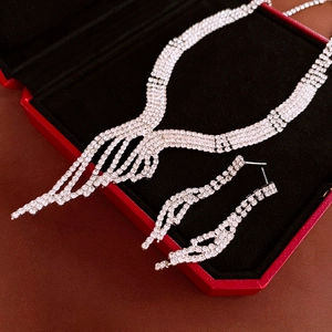Elegant Alloy Rhinestone Jewelry Tassel Necklace And Earrings For Evening Party Wedding Bridal Accessories For Women