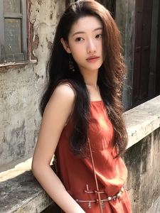 Outdoor street style view of a model in a rust red ceramic beaded hollow necklace