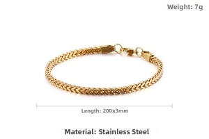 Detailed view of 3mm wide gold stainless steel wheat chain bracelet with dimensions