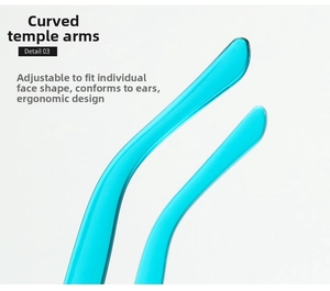 Detail of ergonomic sky blue translucent temple arms for heart-shaped sunglasses