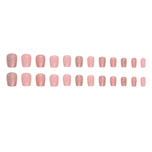Pink aurora glitter press-on nails with shimmering star moon effect in short square shape