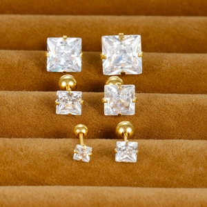 Square cubic zirconia stud earrings with gold plating and screw ball backs in three sizes