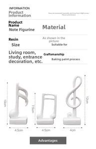 Detailed size specifications for three white resin musical note desk ornaments