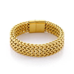Gold-tone titanium steel woven bracelet with heavy dragon scale link and magnetic square clasp