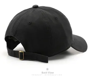 Detail view of the black baseball cap showing the adjustable metal buckle and rear strap