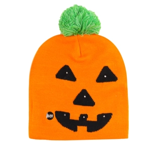 LED light-up Halloween pumpkin knit beanie with green pompom and Jack-o'-lantern face
