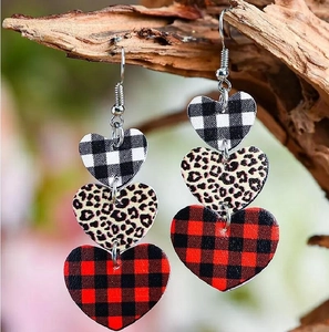 Three-layer faux leather heart drop earrings with plaid and leopard prints
