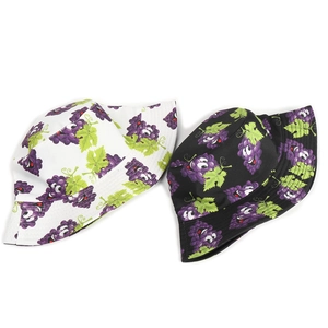 Double-sided bucket hat with cartoon grape print in black and white styles