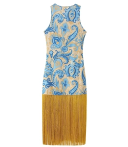 Detail of paisley print sleeveless dress featuring vibrant yellow fringe hemline contrast