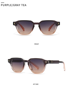 Front and side view of narrow purple frames with gradient lenses and arrow rivets