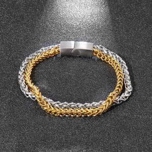 Men's punk style double-layered woven steel bracelet with gold and silver magnetic clasp