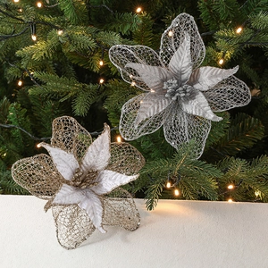 Glitter mesh artificial Christmas flowers in silver and champagne gold for DIY decor