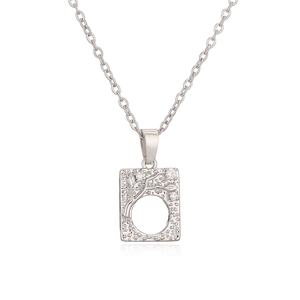 Silver square geometric pendant necklace with intricate tree design and small zircon stones