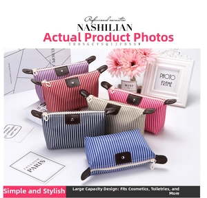 Detail of striped waterproof makeup bags with zipper and leather snap closure in various colors