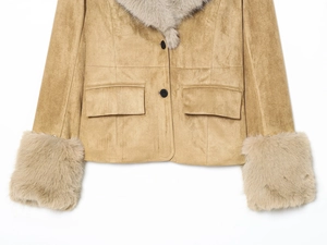 Detail of camel faux suede blazer featuring plush faux fur collar and sleeve cuffs