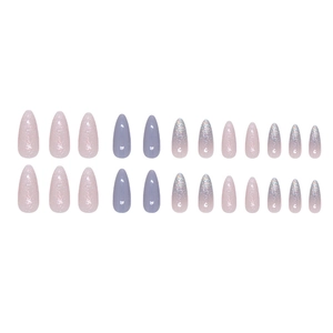 Sparkly mist blue and lavender gradient almond press-on nail set with glitter finish