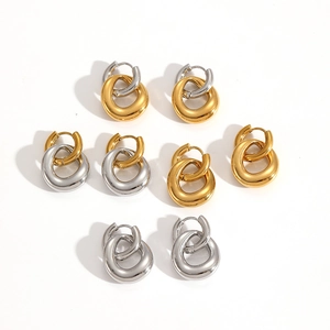 Boucles d'oreilles doubles créoles en acier inoxydable poli contrasté or et argent