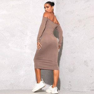 Taupe off-shoulder long sleeve bodycon midi dress with elegant backless cut