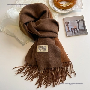 Detailed macro view of brown faux cashmere scarf featuring fringes and a woven brand label