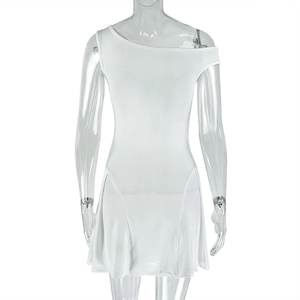 Detail of white one-shoulder mini dress with pleated waist and asymmetric hemline