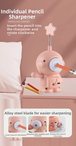 Macro detail of pink astronaut pencil sharpener showing alloy steel blade and USB port